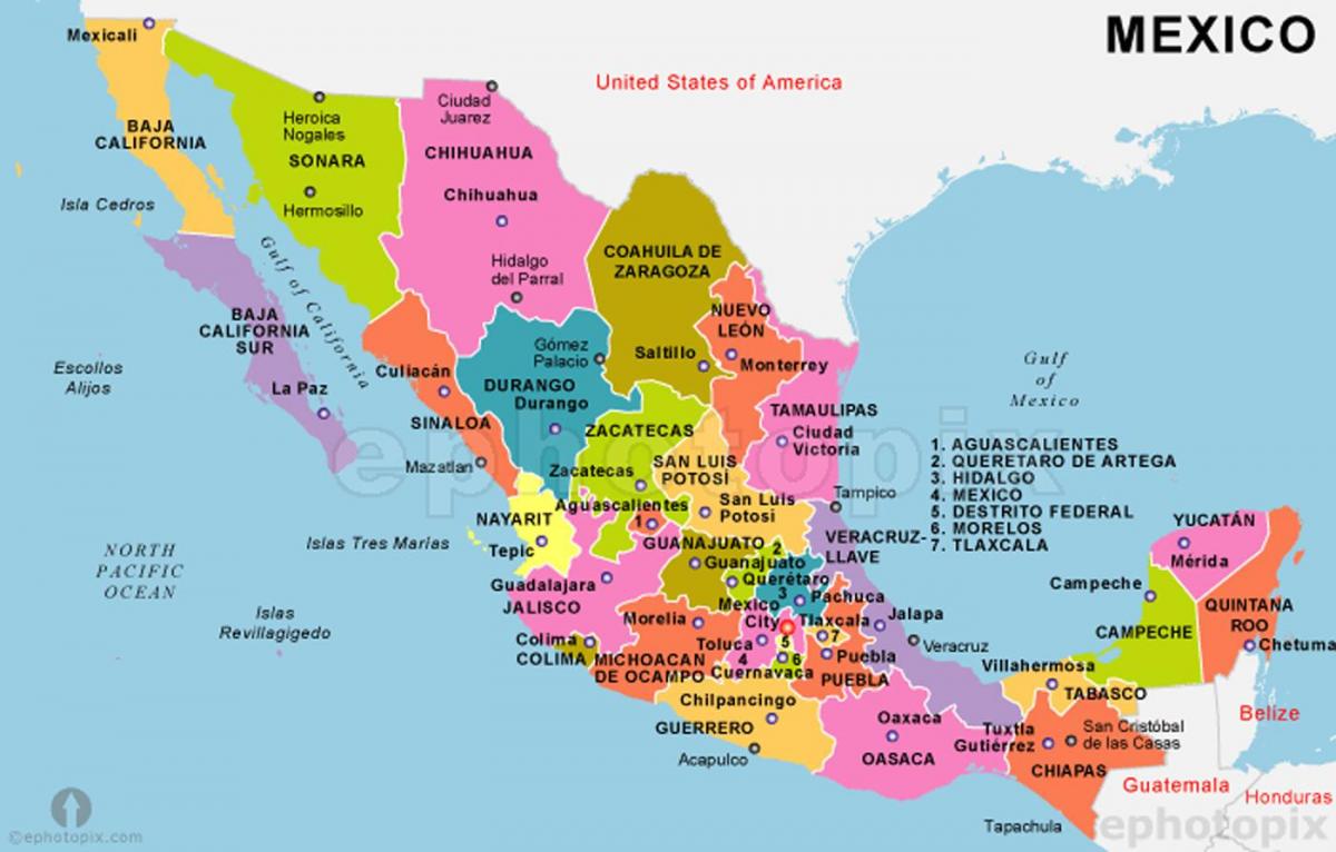 Mexikó térkép államok fővárosait